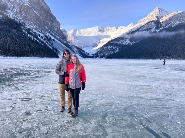 Ice skating on frozen lake